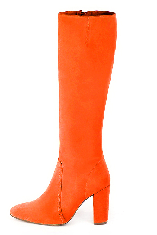 Clementine orange women's feminine knee-high boots. Round toe. High block heels. Made to measure. Profile view - Florence KOOIJMAN